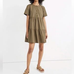 Madewell Button-Front Short-Sleeve Tiered Mini Dress Distant Surplus Khaki-Small